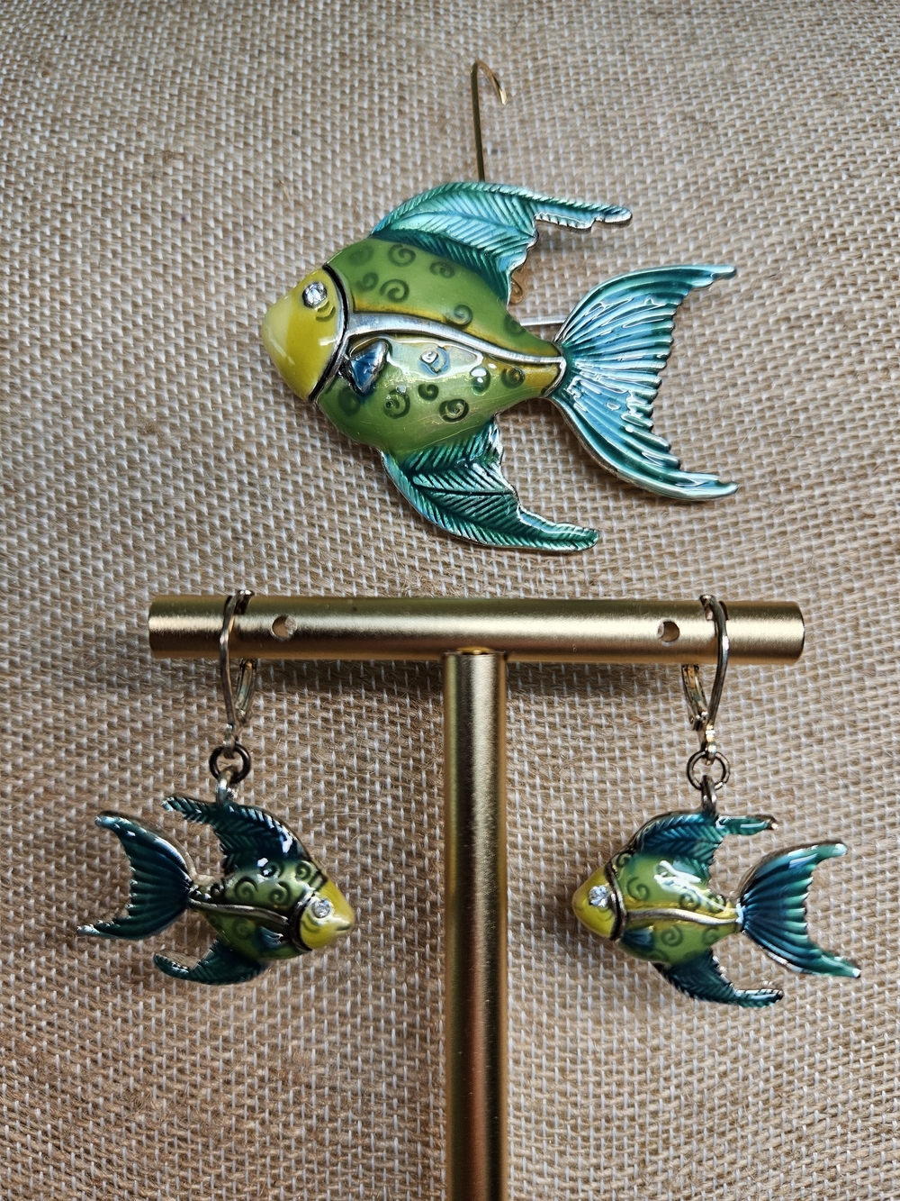 Green and Teal Enamel Angelfish Pendant/Brooch & Earring Set -  Unbranded